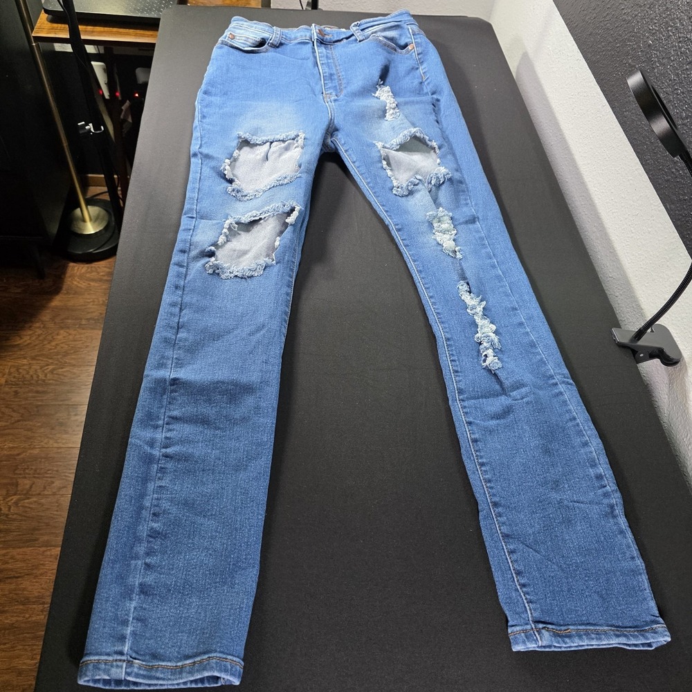 Fashion Nova Womens High Rise Skinny Leg Denim Distressed Jeans Blue Size 13‎